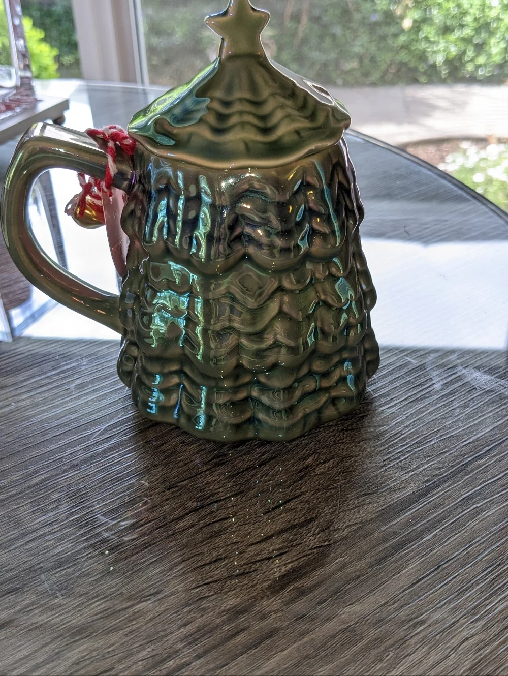 Anthropologie Mug Merry Lustre Tree Lidded Holly Green Holiday Christmas New